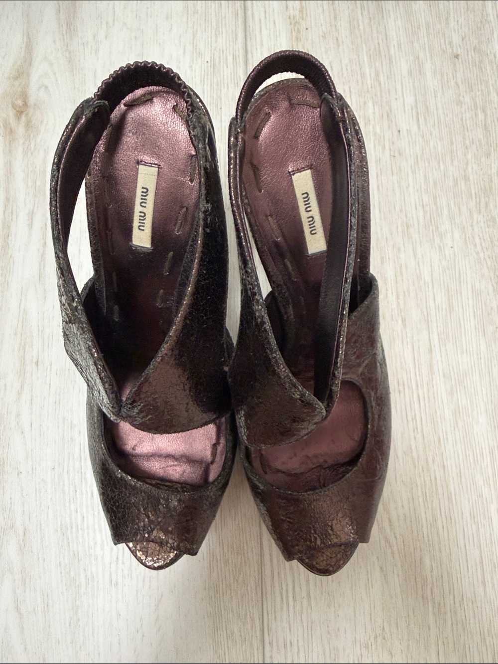 Miu Miu Metallic Bronze Peep-Toe Slingback Heels